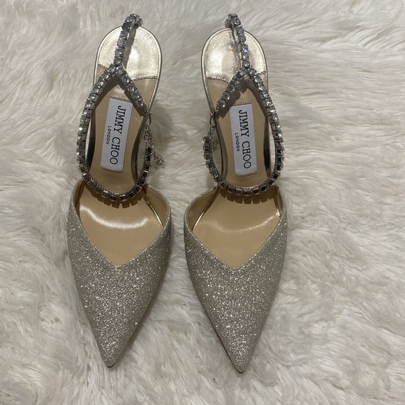New Jimmy Choo Saeda 100 Platinum Ice‎ dusty glitter pumps size 38EU - Picture 3 of 15